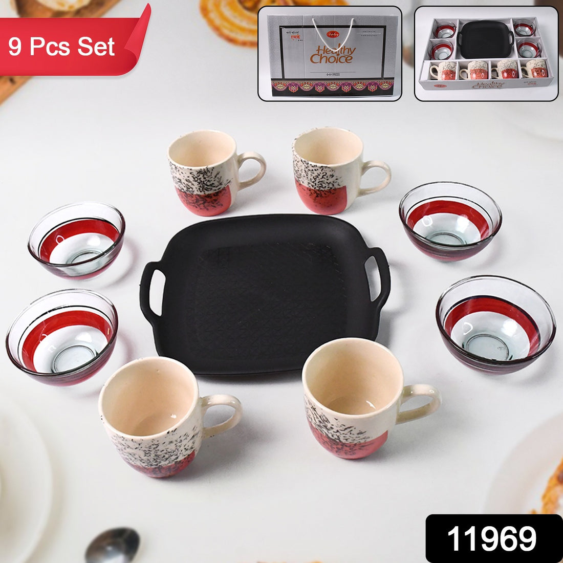 Healthy Choice Set Of 4pc Ceramic Cup And 4pc Glass Bowl With Plastic Plate (9 Pcs Set) - Shop Gharse