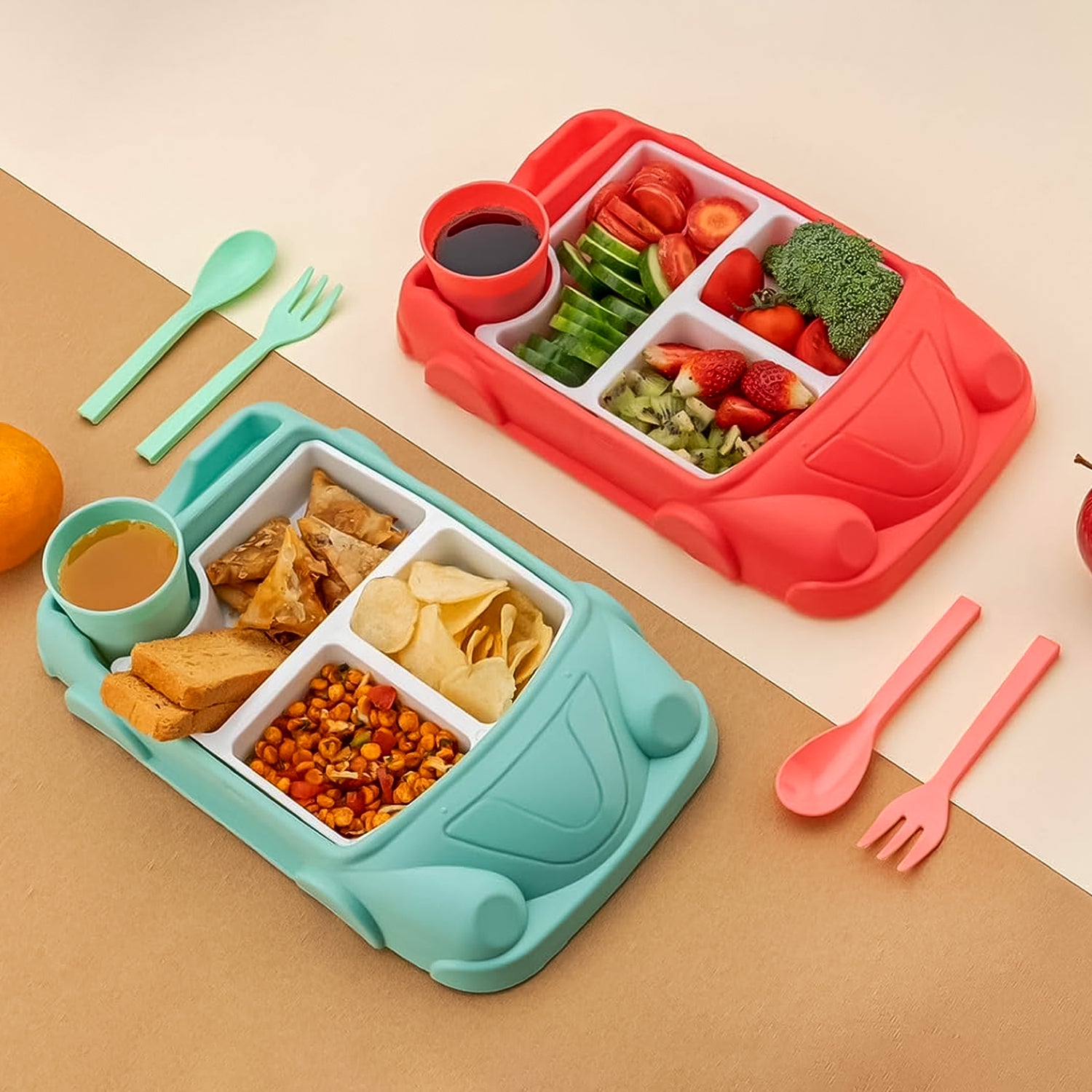 Kids Car Shaped Plates Cup  Lunch Box Dinnerware Set (4 Pcs Set  1000 Ml Lunch Box) - Shop Gharse