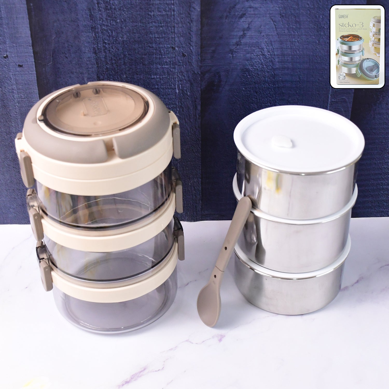 Ganesh Steko-3 Triple Layer Stainless Steel Insulated Lunch Box Set - Shop Gharse