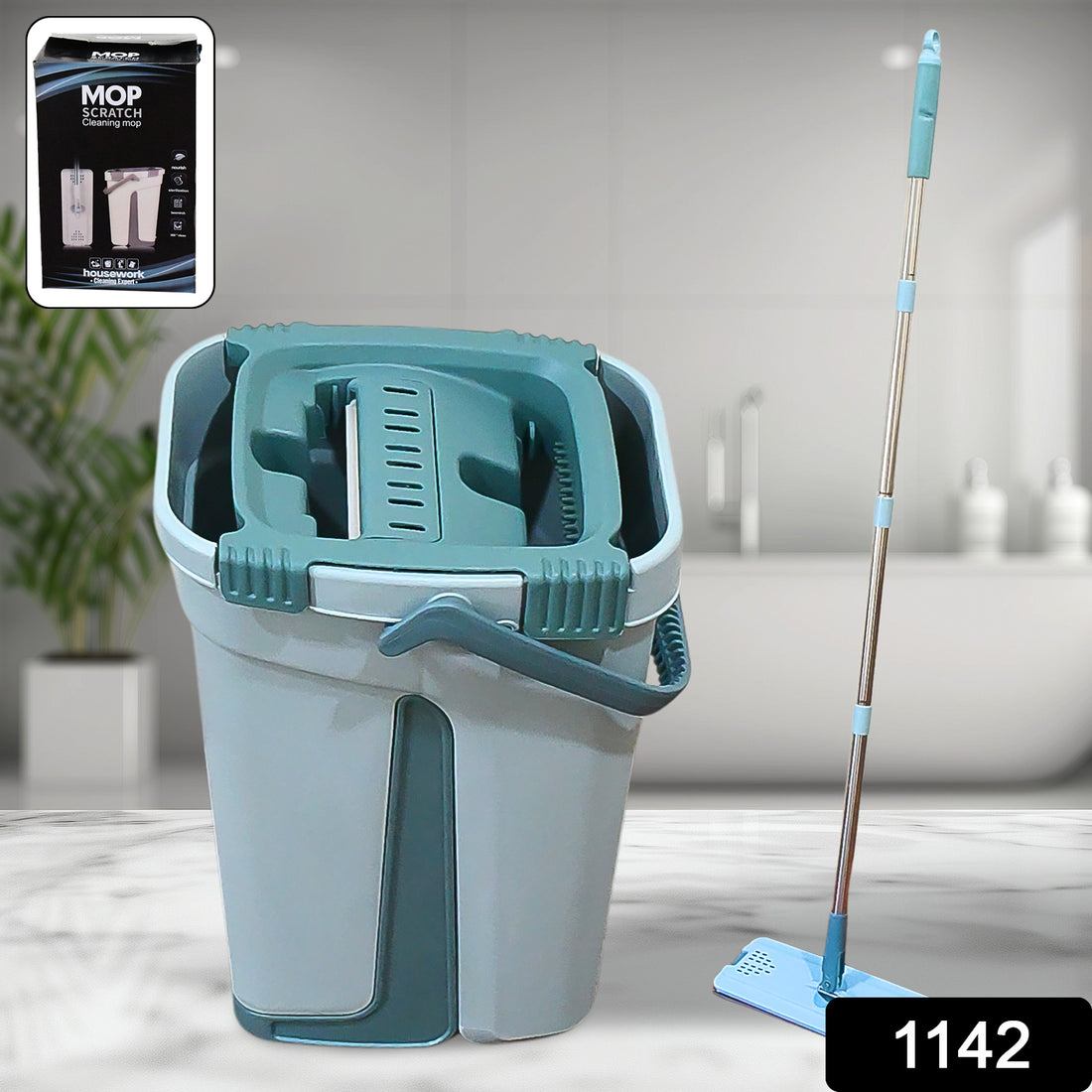 1142 Scratch Cleaning Mop With 2 In 1 Self Clean Wash Dry Hands Free Flat Mop - Shop Gharse