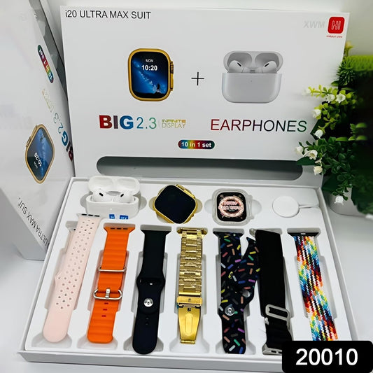10 In1 Set Ultra Smart Bluetooth Calling Smartwatch + Earphones With Transparent Screen Guard Watch With Seven Classic Straps (Mix Color) - Shop Gharse