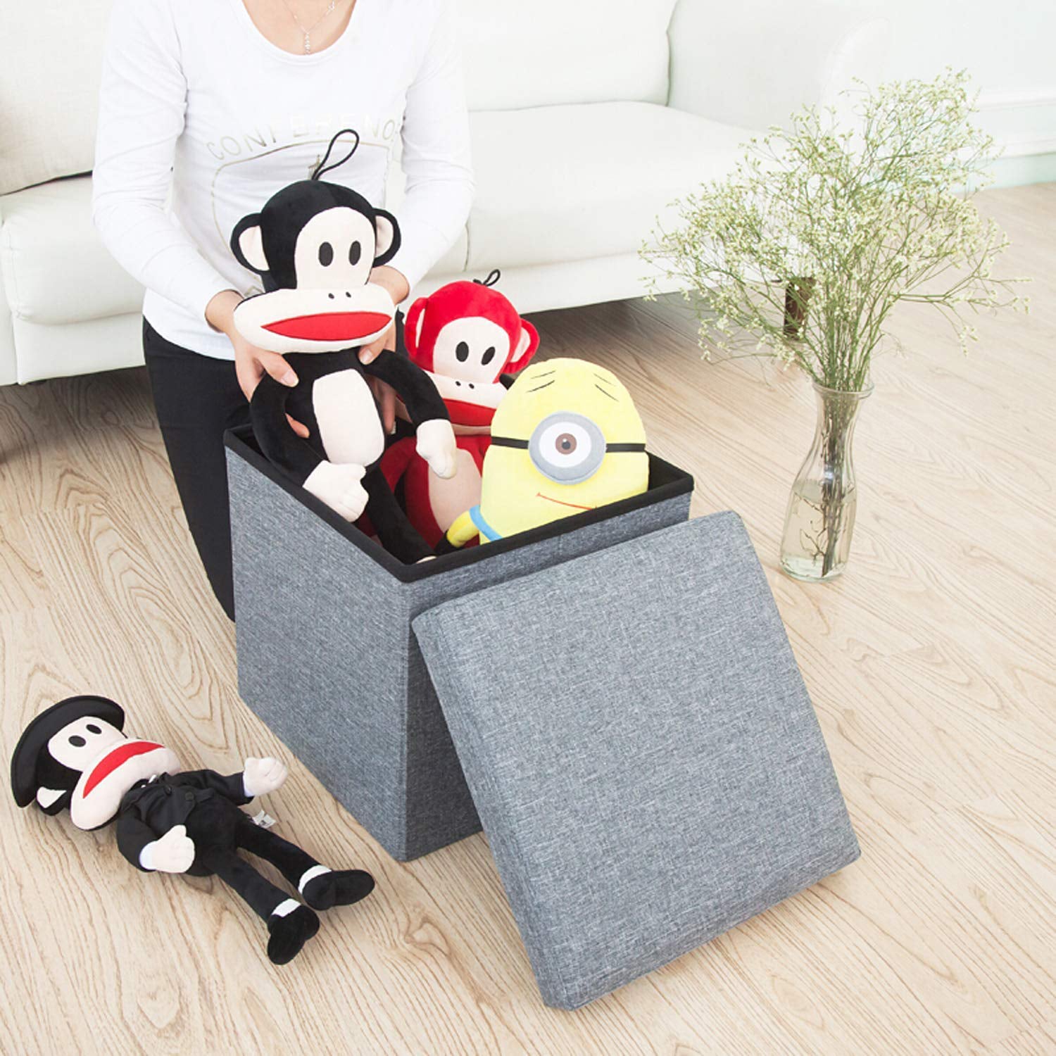 4986 Living Room Cube Shape Sitting Stool With Storage Box. Foldable Storage Bins Multipurpose Clothes Books And Toys Organizer With Cushion Seat - Shop Gharse