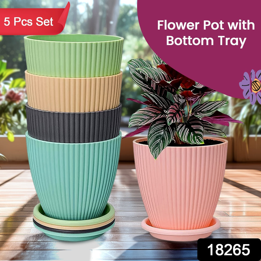 Plastic Flower Pot With Bottom Tray (5 Pcs Set) - Shop Gharse
