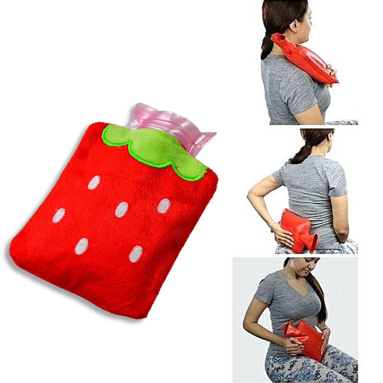 6516 Strawberry Small Hot Water Bag With Cover For Pain Relief Neck Shoulder Pain And Hand Feet Warmer Menstrual Cramps. - Shop Gharse