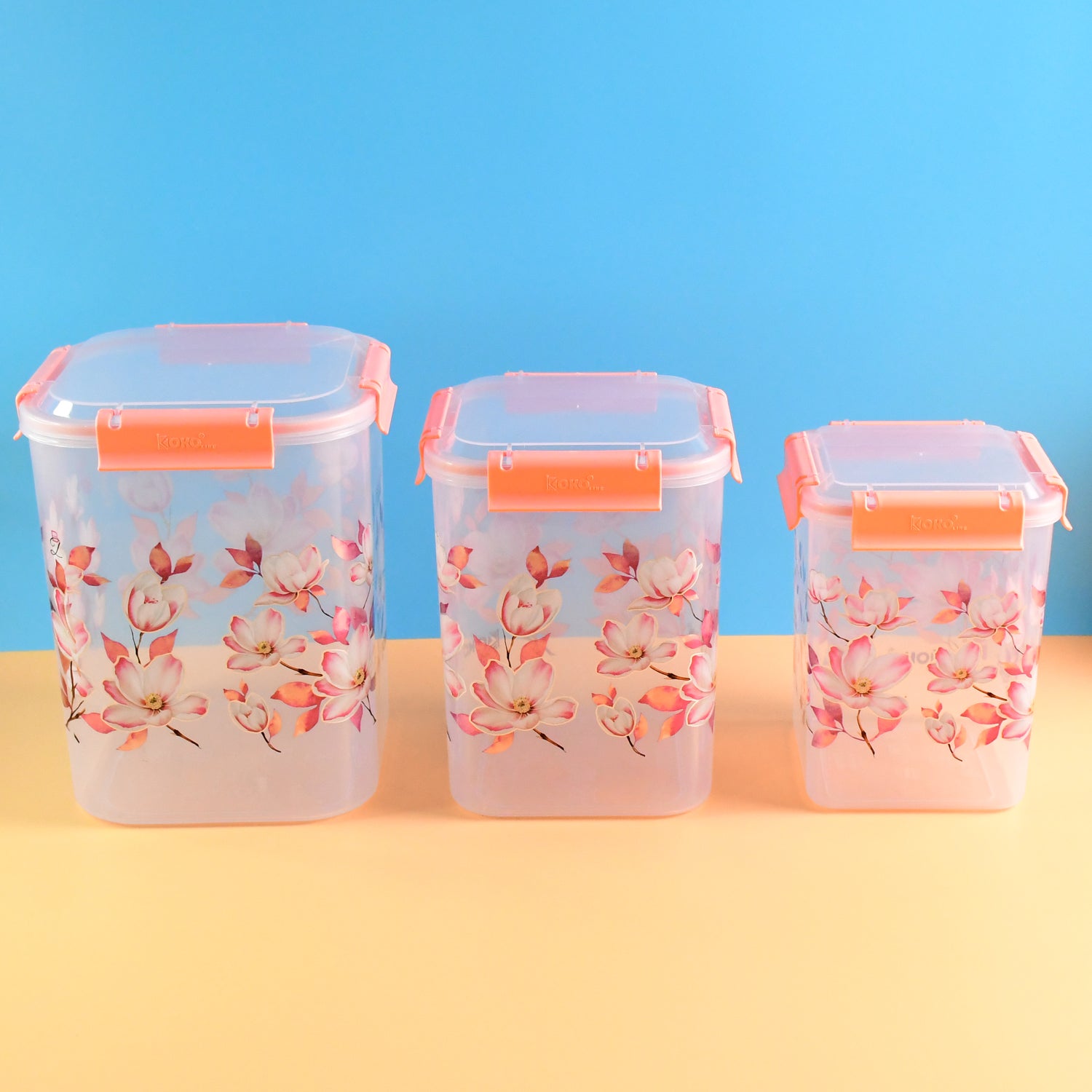 Square 3 Pcs Floral Printed Airtight Storage Container Set  Approx 2.8 Ltr 4.5 Ltr 6.9 Ltr (3 Pcs Set) - Shop Gharse