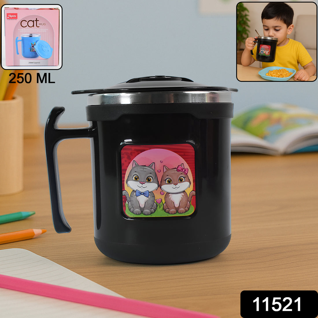 1 Pc Apex Cat Mug  250 Ml Stainless Steel Insulated Inner With Cute Cat Print - Shop Gharse