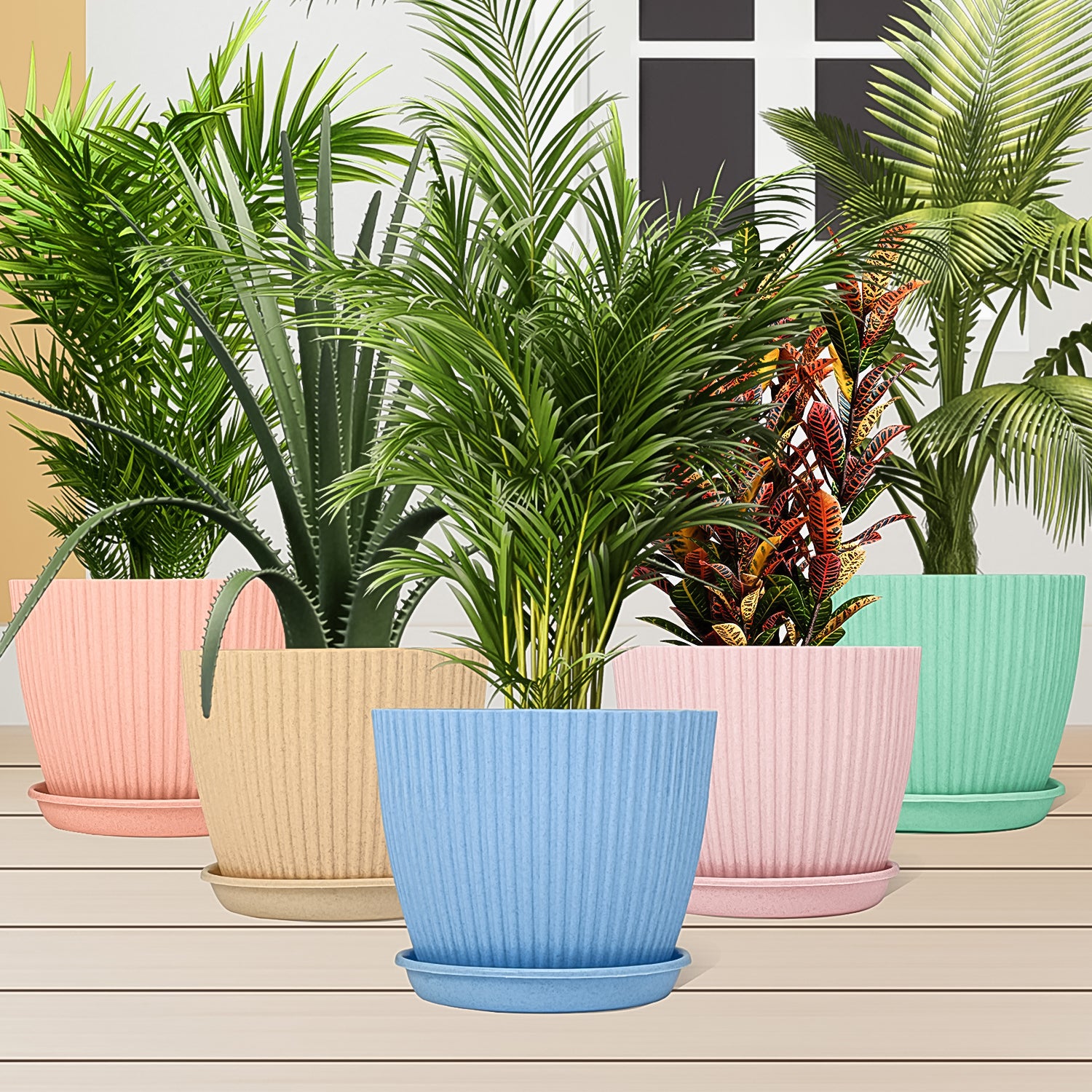 Plastic Flower Pot With Bottom Tray (5 Pcs Set) - Shop Gharse