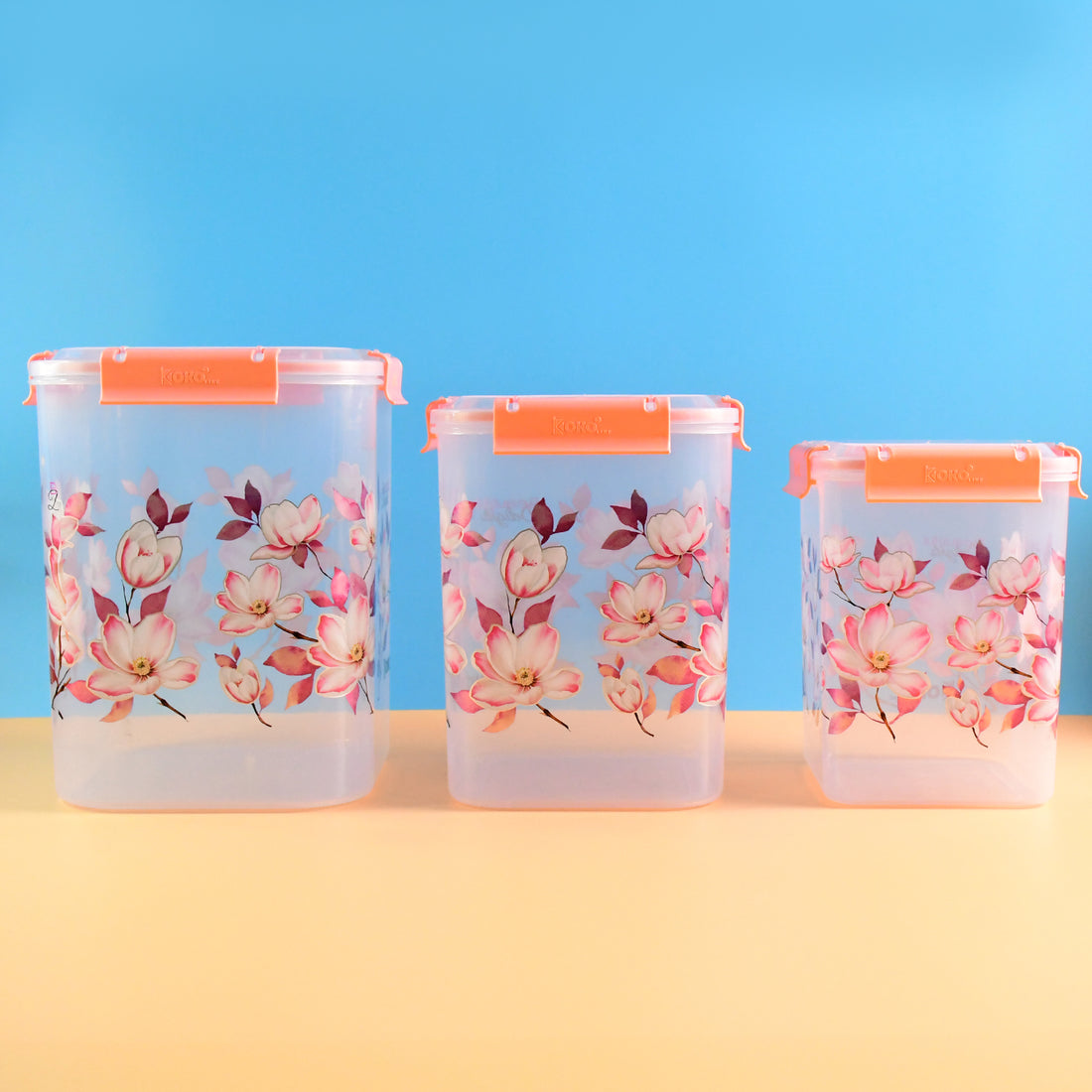 Square 3 Pcs Floral Printed Airtight Storage Container Set  Approx 2.8 Ltr 4.5 Ltr 6.9 Ltr (3 Pcs Set) - Shop Gharse