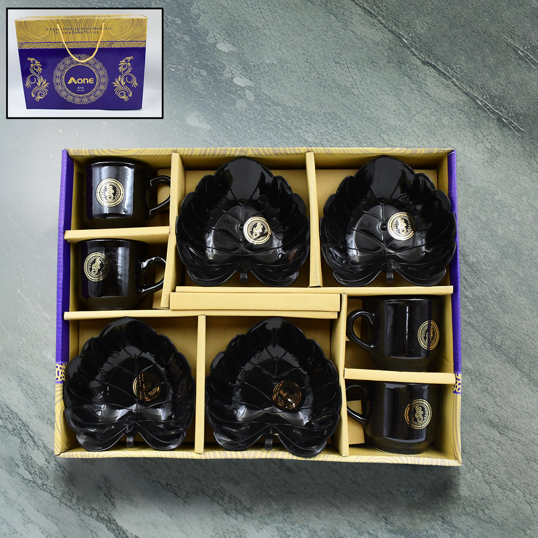 A One Ceramic Tea  Cups  Mug Set With Leaf Shape Serving Bowl (8 Pcs Set) - Shop Gharse