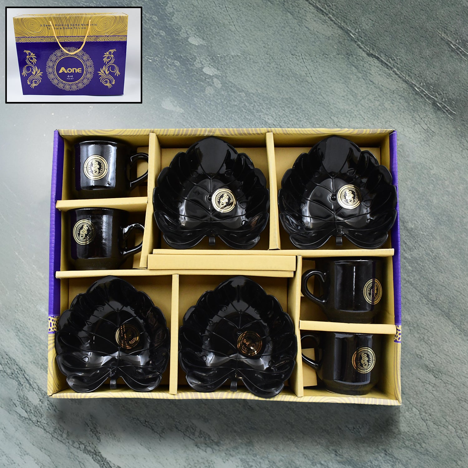 A One Ceramic Tea  Cups  Mug Set With Leaf Shape Serving Bowl (8 Pcs Set) - Shop Gharse