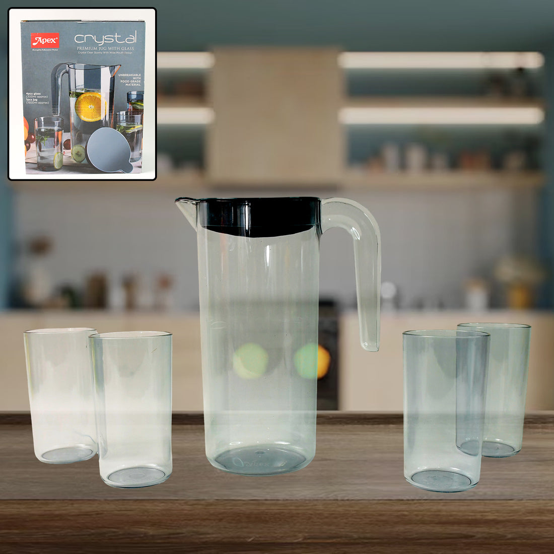 Apex Crystal Premium Jug With Lid  4 Pcs Glass (1500 Ml  300 Ml Approx  5 Pcs Set) - Shop Gharse