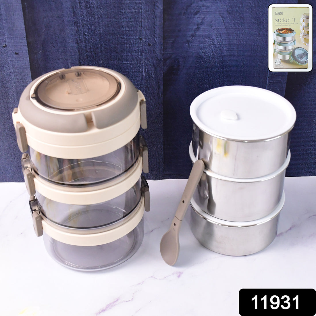 Ganesh Steko-3 Triple Layer Stainless Steel Insulated Lunch Box Set - Shop Gharse