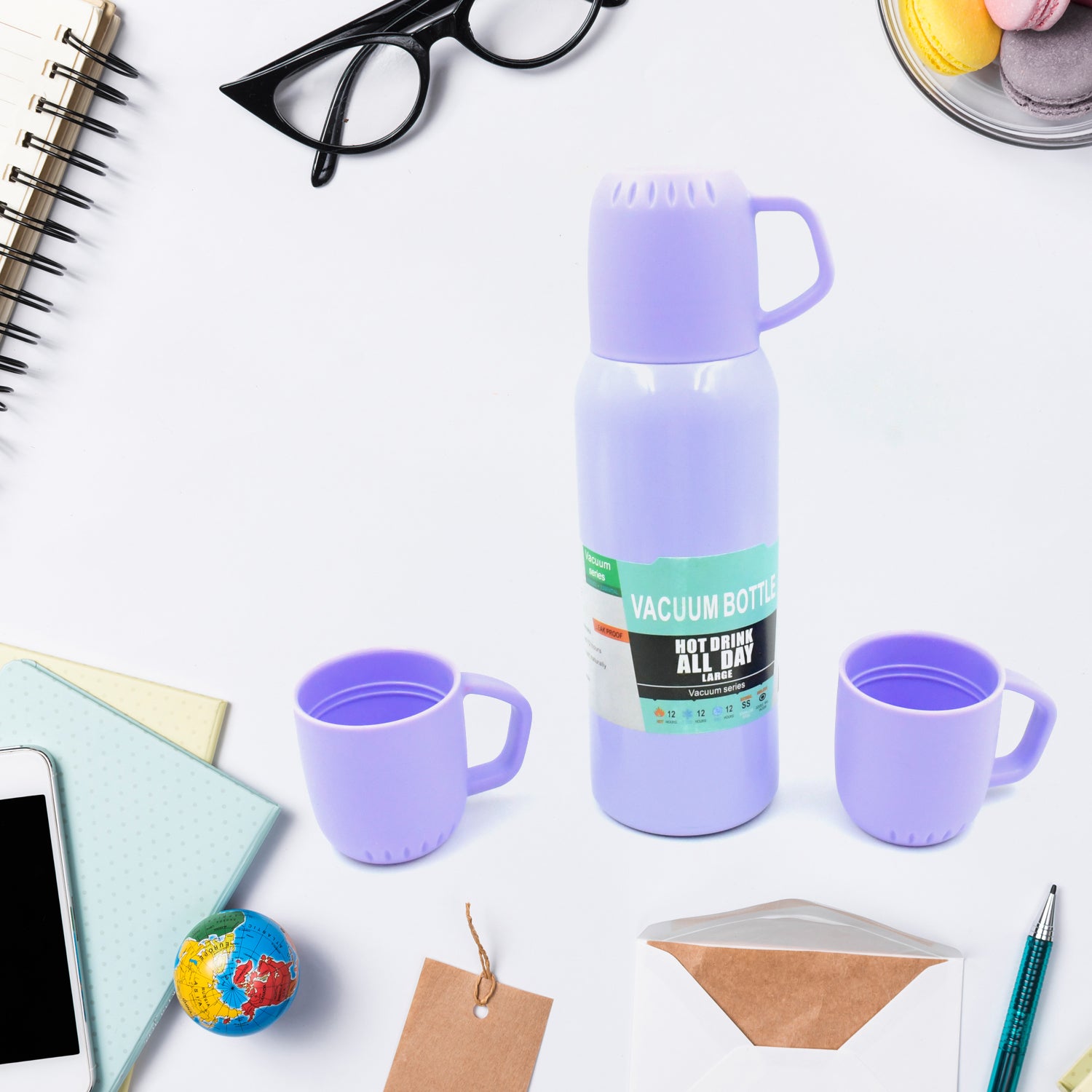 5533 Vacuum Flask Set Stainless Steel Thermos With 3 Cup Creative Gift Set With Cover Handle Portable Car Water Bottle Set (Approx 500ml) - Shop Gharse