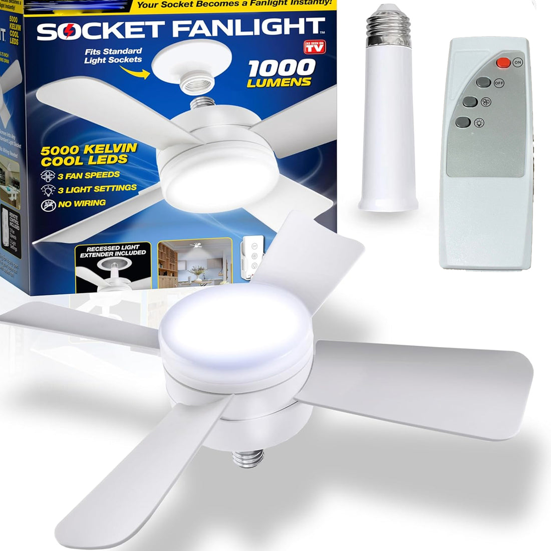 17845 Socket Fan Light Original - Cool Light Led  Ceiling Fans With Lights And Remote Control Replacement For Lightbulb - Bedroom Kitchen Living Room1000 Lumens  5000 Kelvins Cool Leds (Remote Battery Not Included) - Shop Gharse