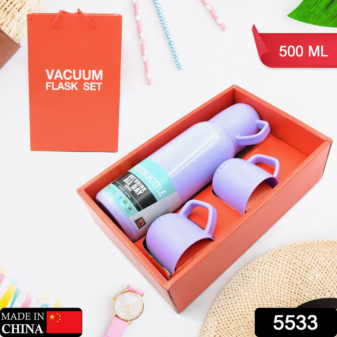 5533 Vacuum Flask Set Stainless Steel Thermos With 3 Cup Creative Gift Set With Cover Handle Portable Car Water Bottle Set (Approx 500ml) - Shop Gharse