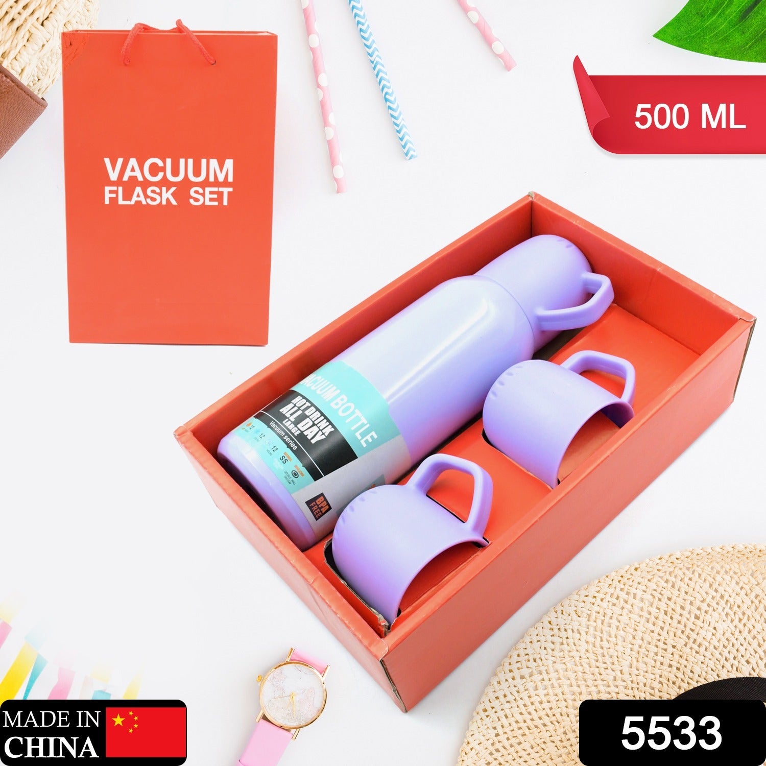5533 Vacuum Flask Set Stainless Steel Thermos With 3 Cup Creative Gift Set With Cover Handle Portable Car Water Bottle Set (Approx 500ml) - Shop Gharse