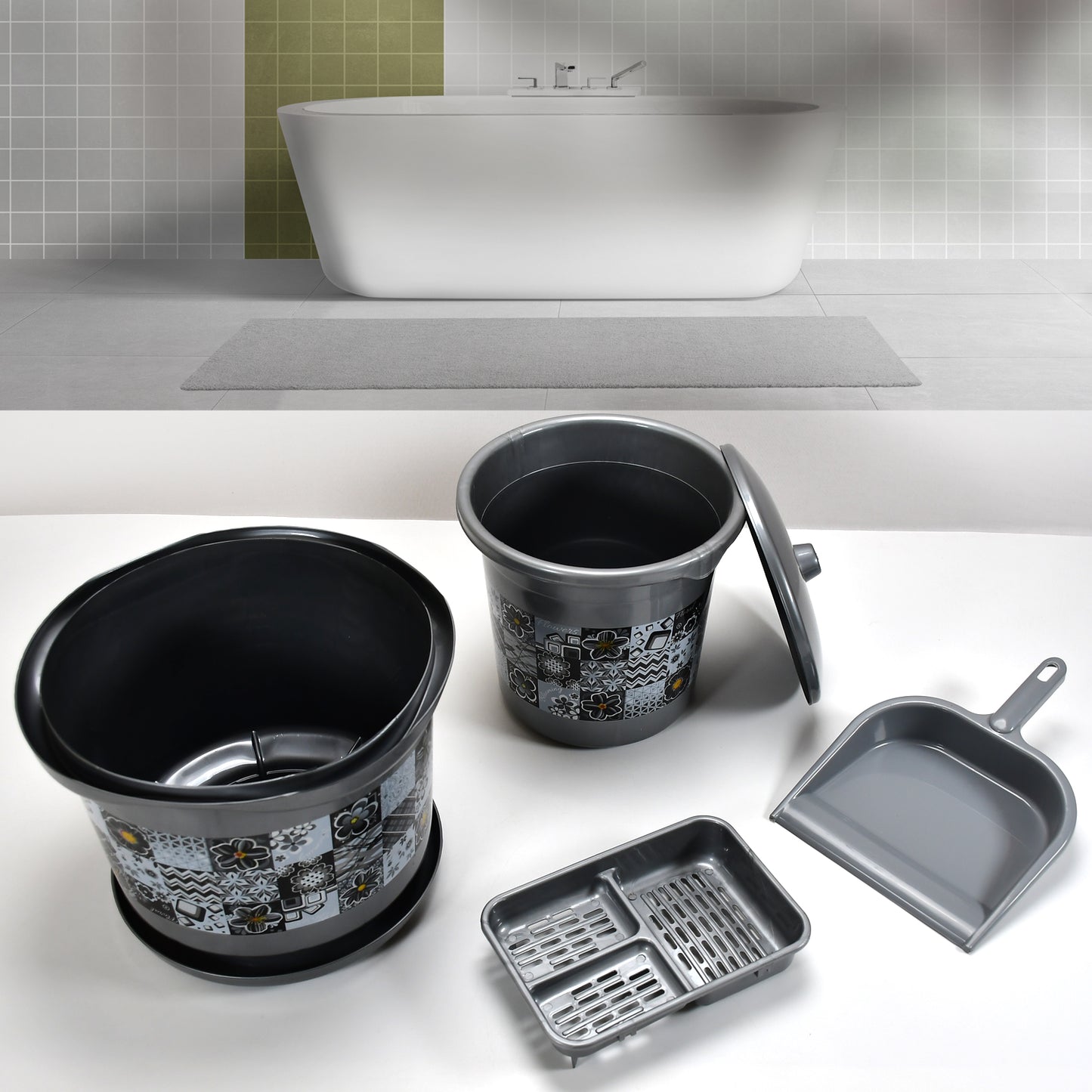 4050 Large Capacity Plastic Bathroom Set Of 7pieces (1pc Big Tub 1pc Bucket1pc Dustbin 1pc Mug 1pc Soap Case 1pc Dustpan 1pc Stool) - Shop Gharse