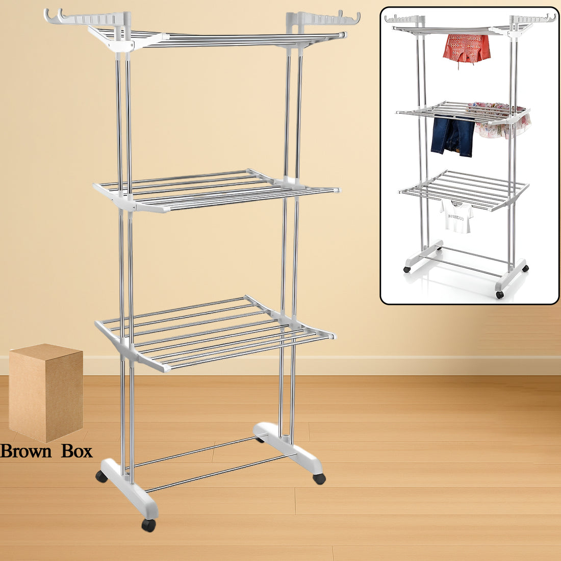 3-tier Foldable Stainless Steel Cloth Drying Stand With Wheels - Shop Gharse