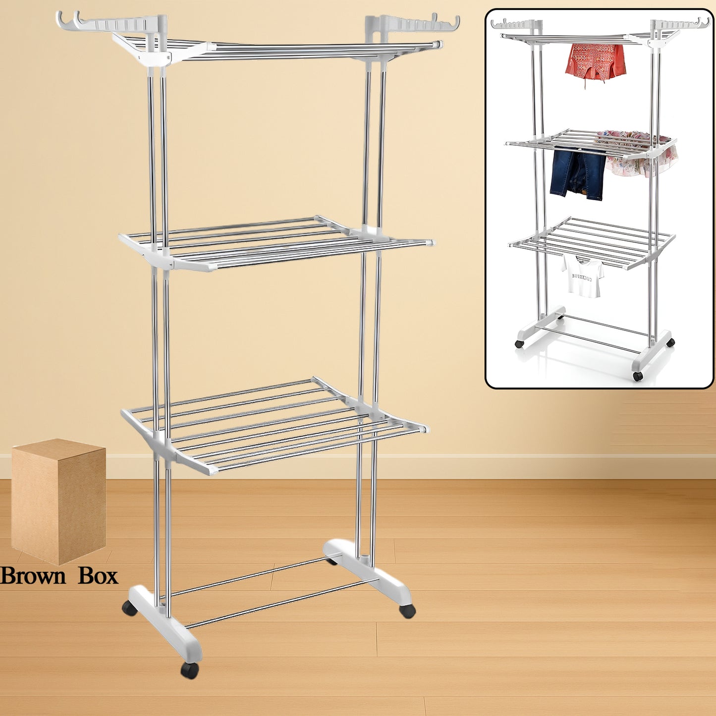 3-tier Foldable Stainless Steel Cloth Drying Stand With Wheels - Shop Gharse