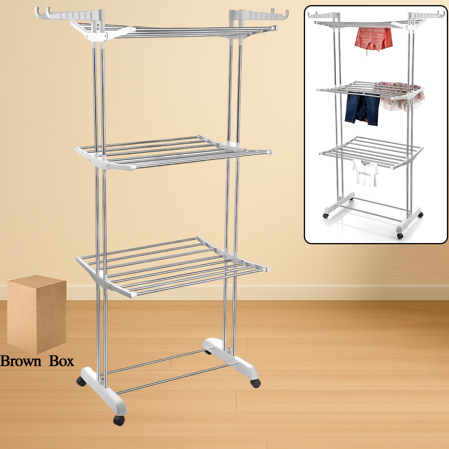 3-tier Foldable Stainless Steel Cloth Drying Stand With Wheels - Shop Gharse