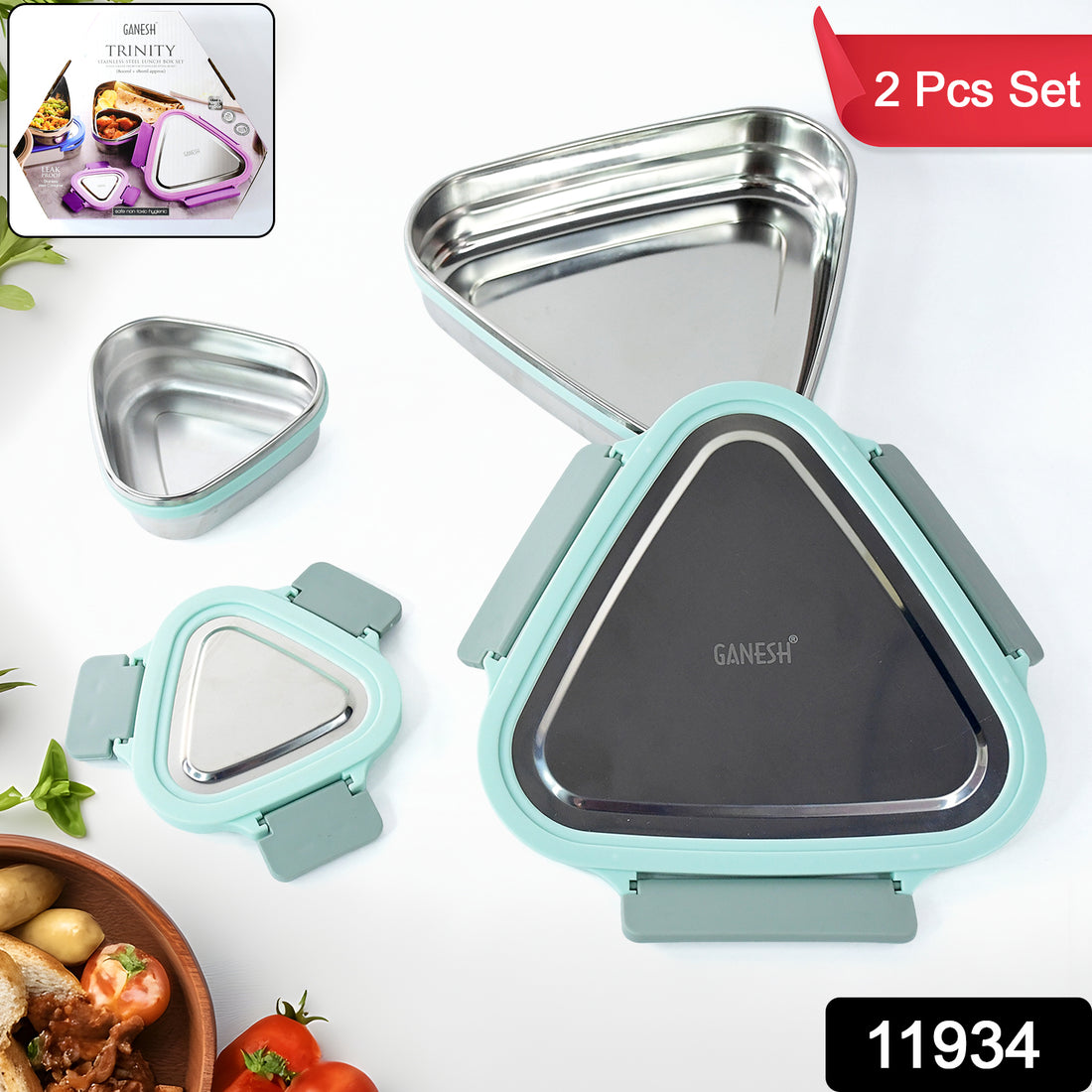 Ganesh Trinity 2-piece Stainless Steel Triangle Lunch Box Set - Shop Gharse
