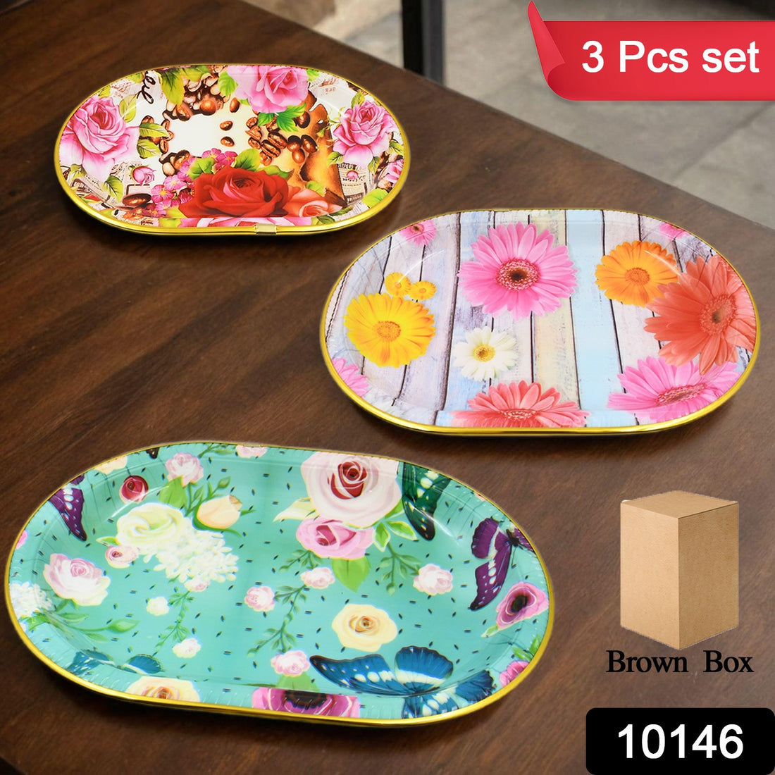 Plastic Flower Printed Design Serving Tray (3 Pcs Set  Mix Color) - Shop Gharse
