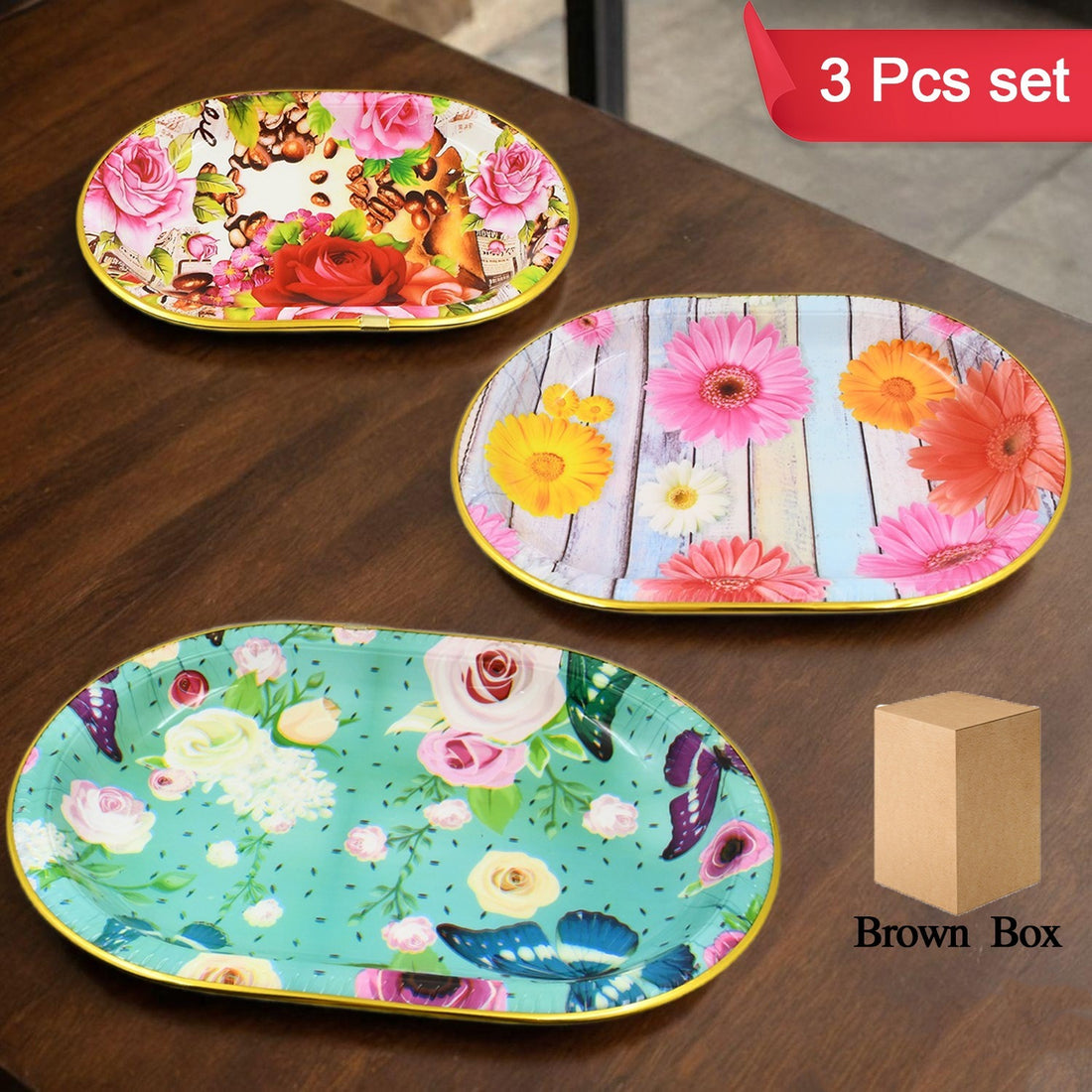 Plastic Flower Printed Design Serving Tray (3 Pcs Set  Mix Color) - Shop Gharse