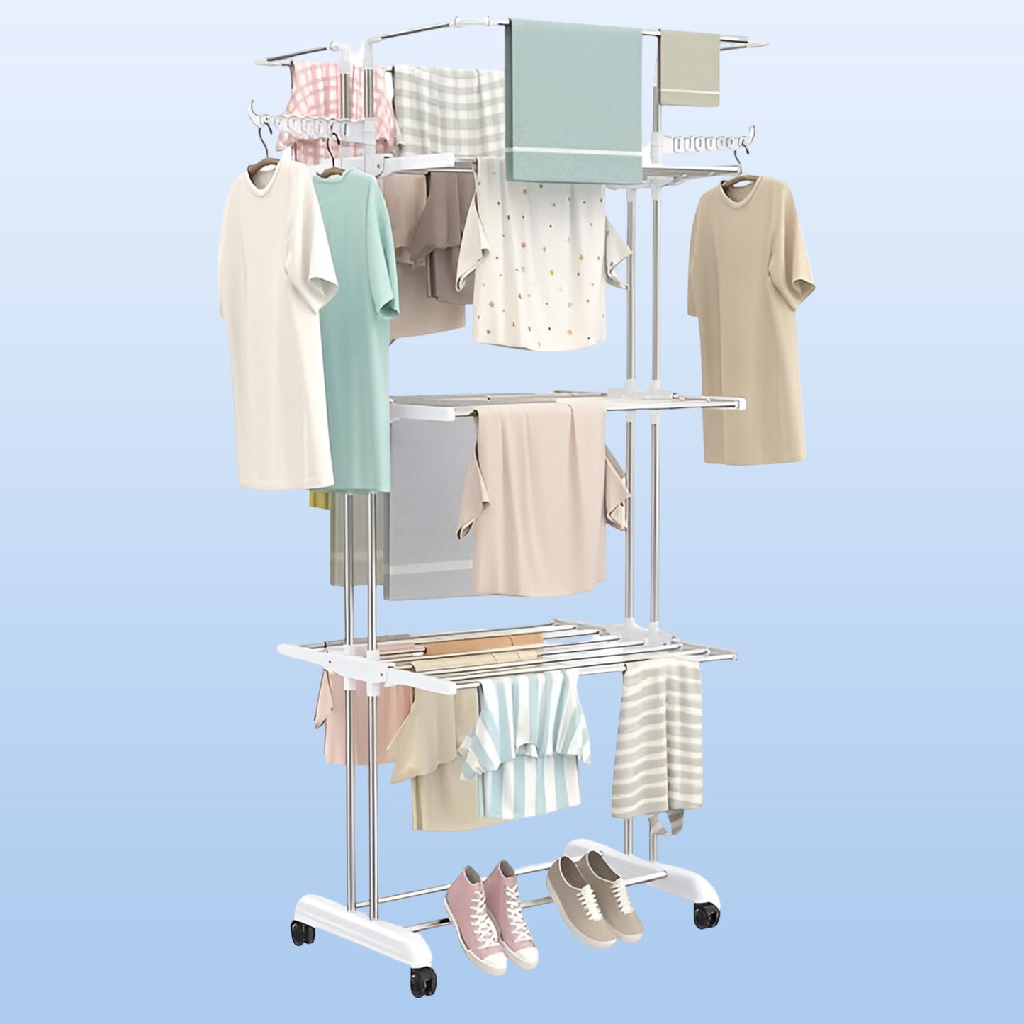 3-tier Foldable Stainless Steel Cloth Drying Stand With Wheels - Shop Gharse