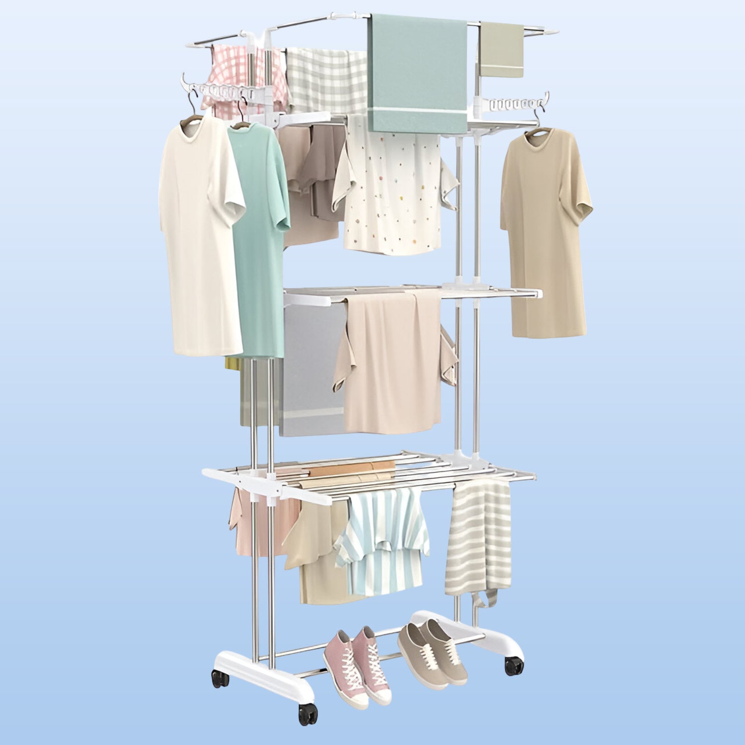 3-tier Foldable Stainless Steel Cloth Drying Stand With Wheels - Shop Gharse